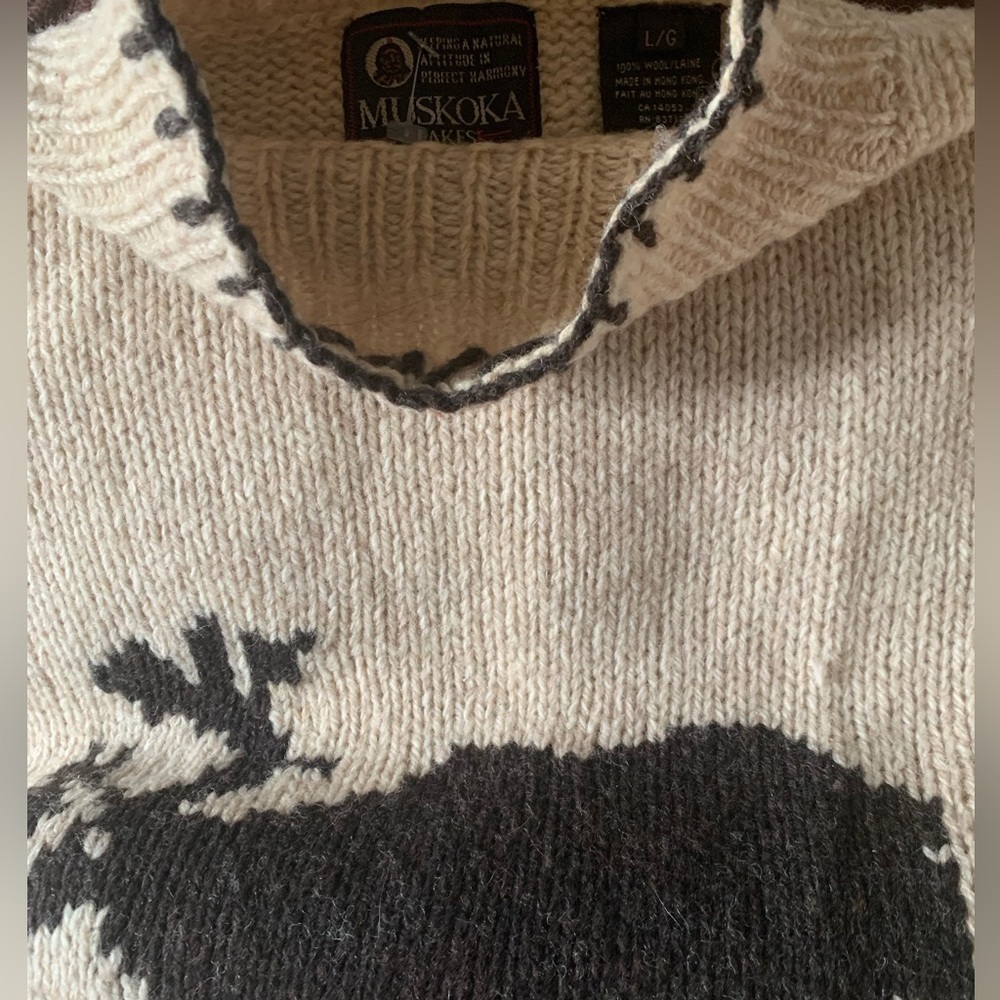 Muskoka Lakes Wool Sweater Pull on Cardigan Funnel Neck Moose & Snow Beige BRN L - Picture 10 of 15